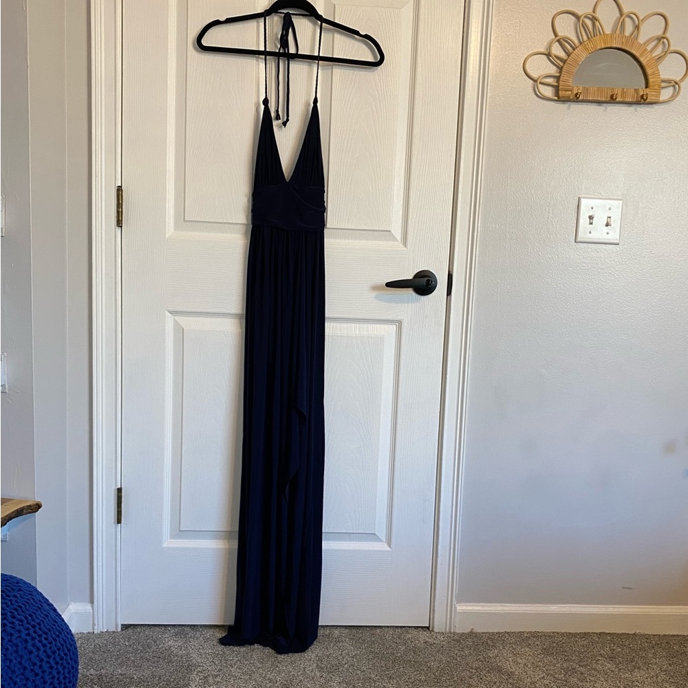 Misa Los Angeles Ladies Navy Blue VNeck Dress, Size Small Dress w Split on leg